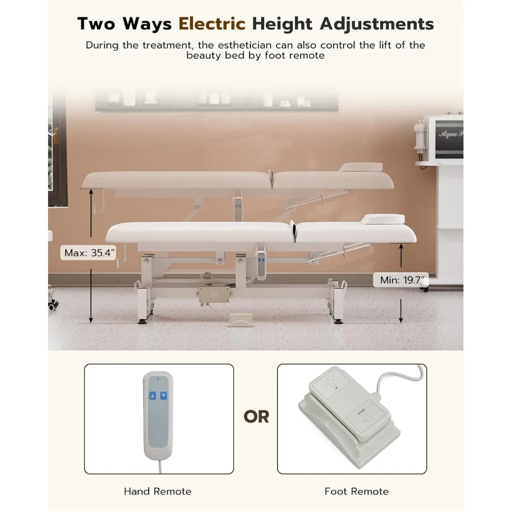 Electric Lift Massage Table Bed and Stool, Spa Facial Treatment Table w/Face Hole, Adjustable Backrest Medical Table Beauty Beds