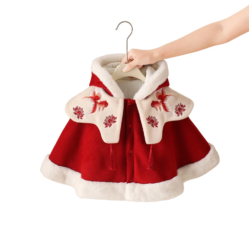 Thiened Fluffy Baby Girl Autunno Inverno Outfit Coperta antivento Cowl Coat Neonato Gita Vestiti Pantaloni lunghi a vita alta