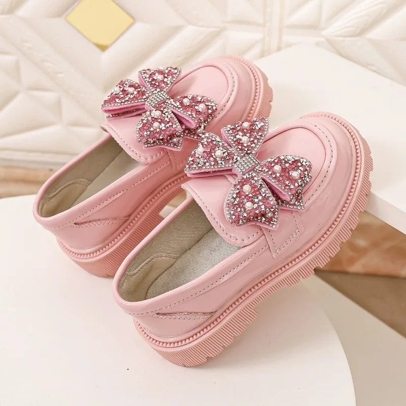 Kids Leather Shoes Shiny Bows Non-slip Girls Casual Shoes Trendy 2026 New Fashion Children Princess Shoes Comfortable