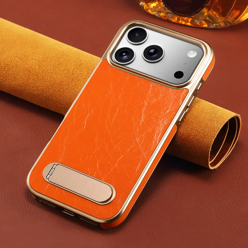 

Genuine Leather Invisible Metal Bracket Case For iPhone 13 14 15 16 17 Pro Max 17 Air Magnetic Car Mount Luxury Plating Cover