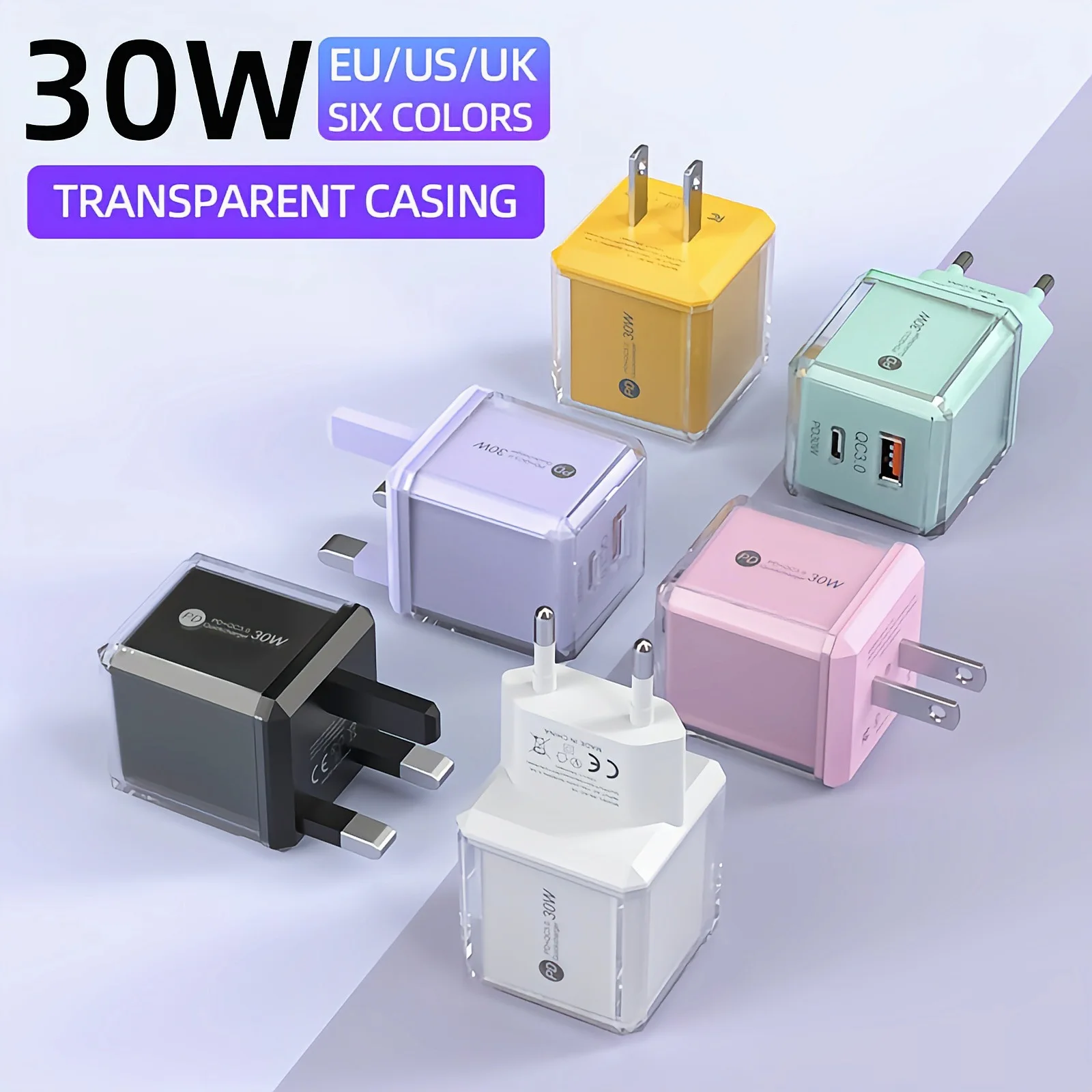 Cross-border Macaron small ice cubes A + C European, American and British mobile phone fast charger head QC3.0 + PD30W dual-port