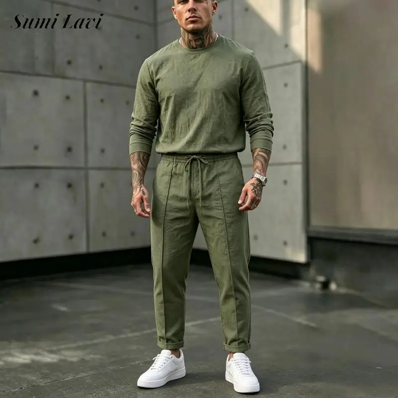 デイリーレジャーメンズ長袖トップス＆パンツスーツ-ルーズリネン無地アウトフィット-春秋トレンドoネックメンズツーピースセット
