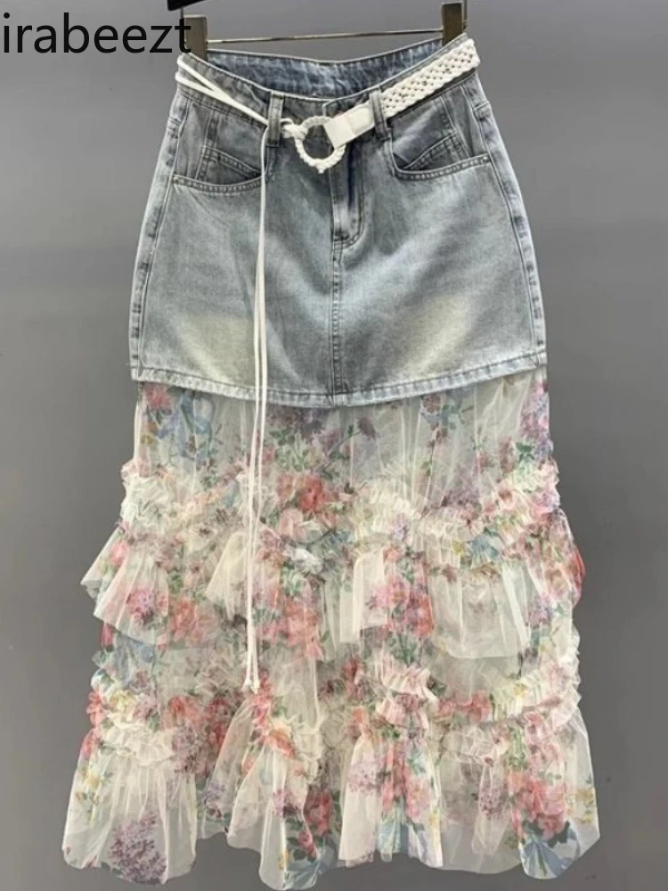 

High Waist Slim Fit Stretchy Jeans Skirt for Women Summer Fashion Bodycon Midi Length Skirt with Lace Trim