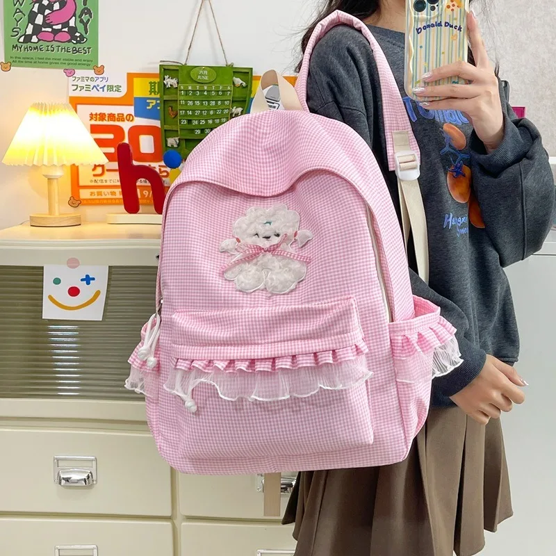 Mori Girl Style Checkered Backpack Sweet Cute Daypack Student Schoolbags Bear Lace Kawaii Backpack Outing Casual Travel Rucksack
