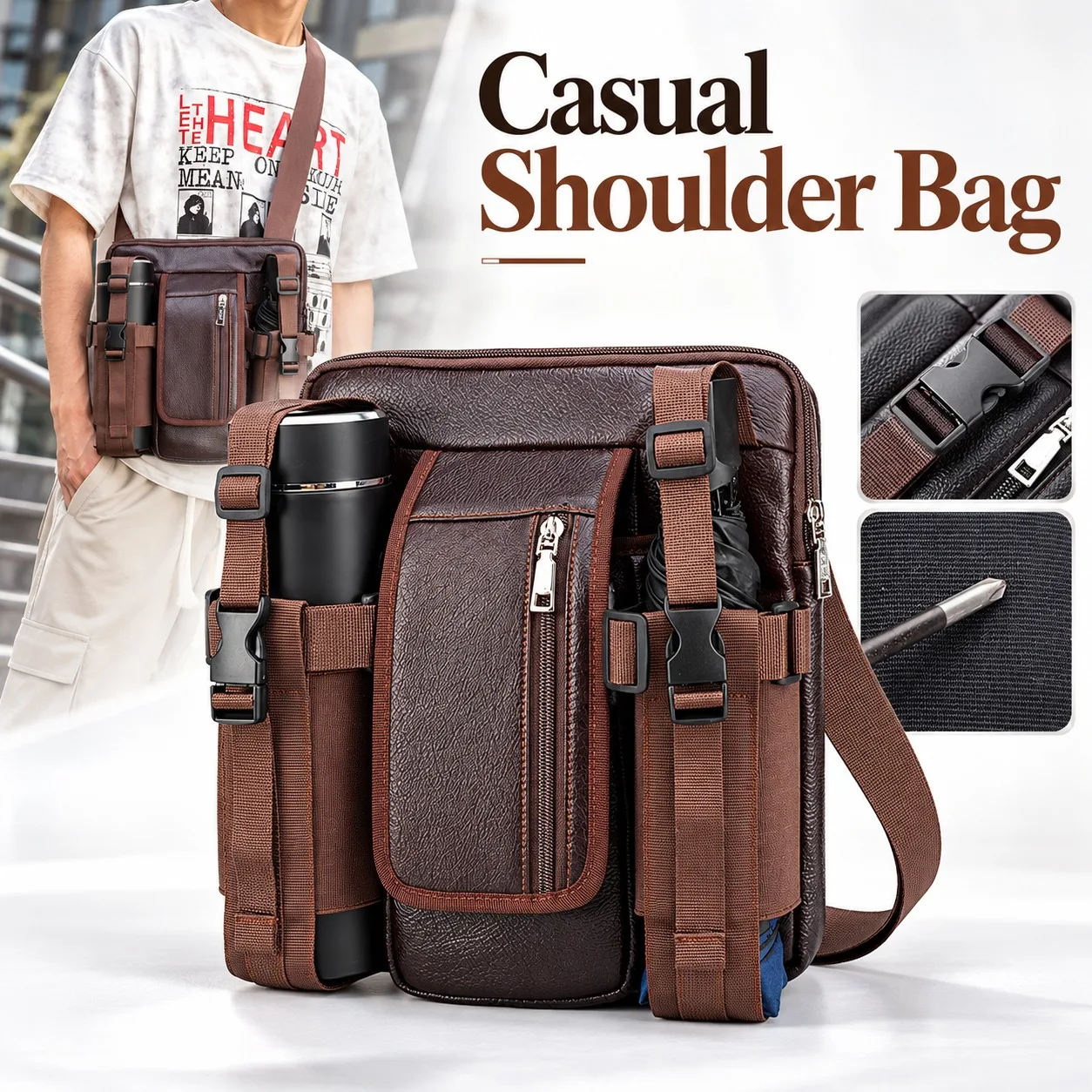 Men's Crossbody Bag Large Capacity Sling Pack with Phone Compartment, Water Bottle and Umbrella Pockets for Travel and Daily Use