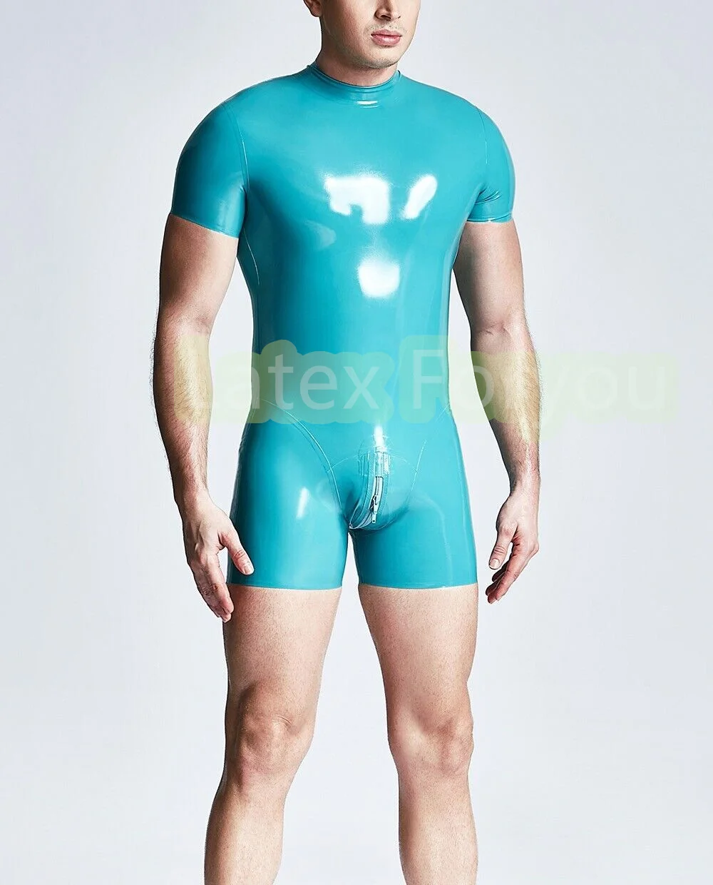 

Handmade Natural Latex swimsuit Men Unique Short Style Rubber Catsuits 3D Crotch Back Long Zipper to Front Crotch Customized