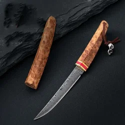 1PC Damascus portable pocket knife, fruit knife for outdoor camping, wooden handle, cutting knife, boning knife