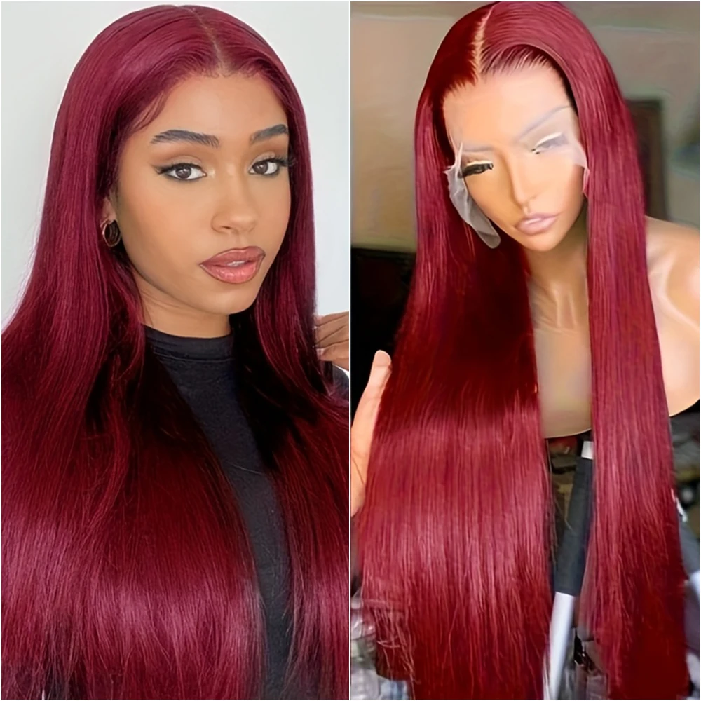 

38 40 Inch Burgundy Straight 13x4 HD Lace Frontal Human Hair Wigs 99J Red Transparent Colored 200% Human Hair Wig For Women