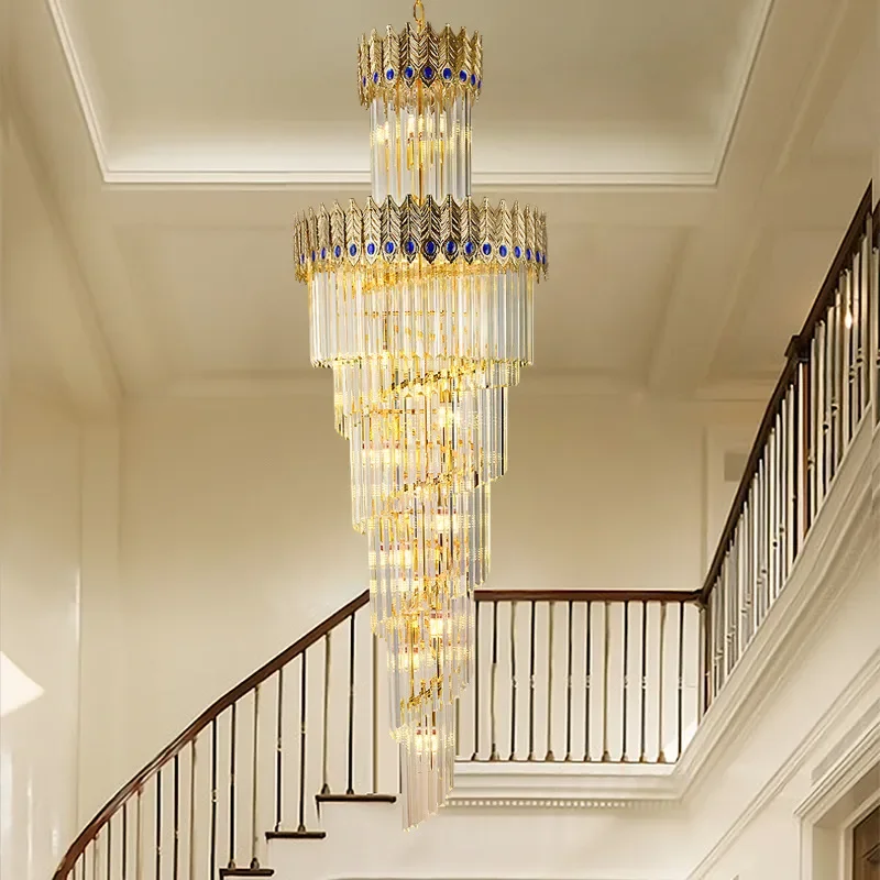 for European Style Villa Living Room Crystal Lamp Hotel Lobby Large Chandelier Duplex Building Middle Floor Hollow Rotating
