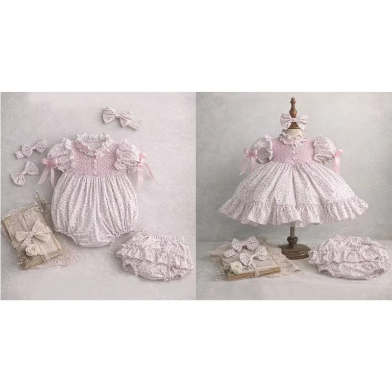 Baby Girl 3Pcs Clothing Set Pink Floral Print Hand Smocked Romper Dress for Casual Party Birthday Wedding Photography A476