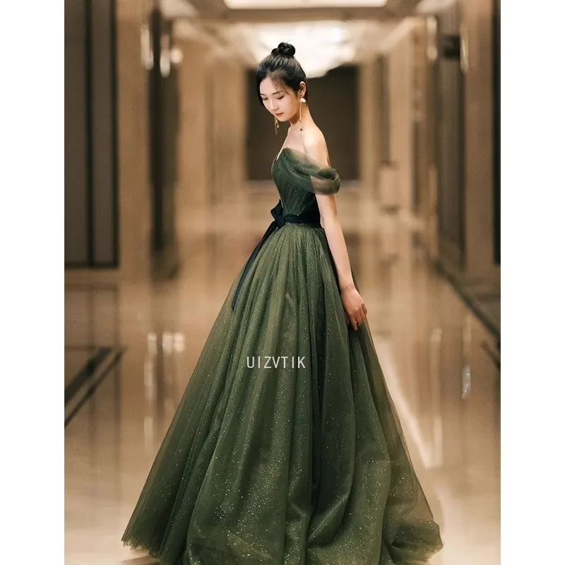 Dark Green Shiny Formal Dresses V Neck Off The Shoulder Party Dress For Wedding A Line Special Occasion Dresses robe soirée