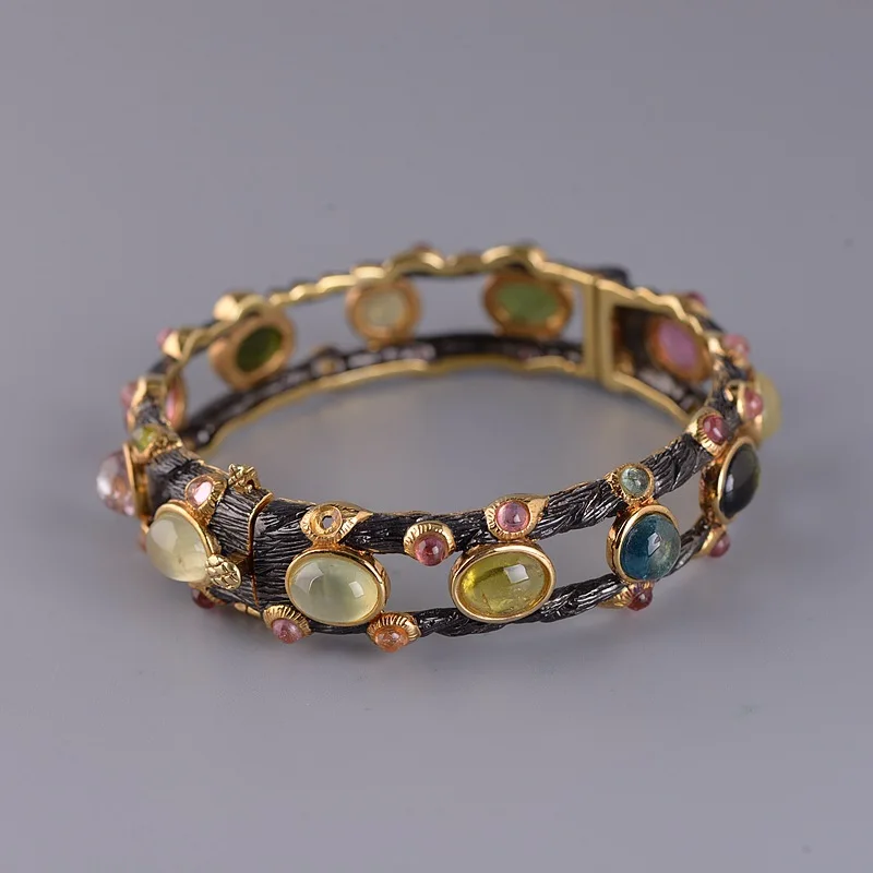 

Полые двойные необработанные роскошные разноцветные браслеты с драгоценными камнями, женские браслеты из натурального турмалина и пренита, серебро 925, браслеты Staris