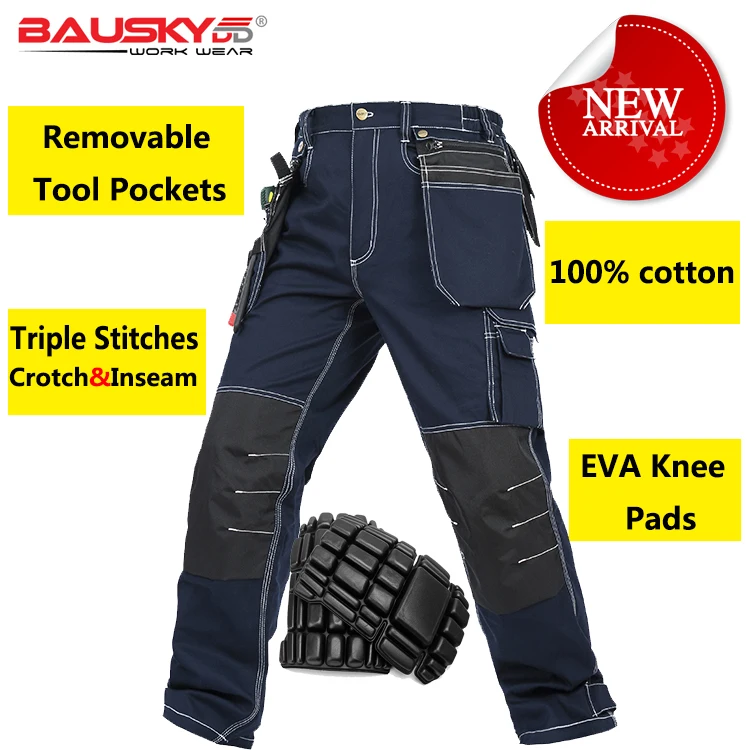 Bauskydd Mens carperner 100% cotton durable multi pockets work trousers with eva  knee pads work pants workwear