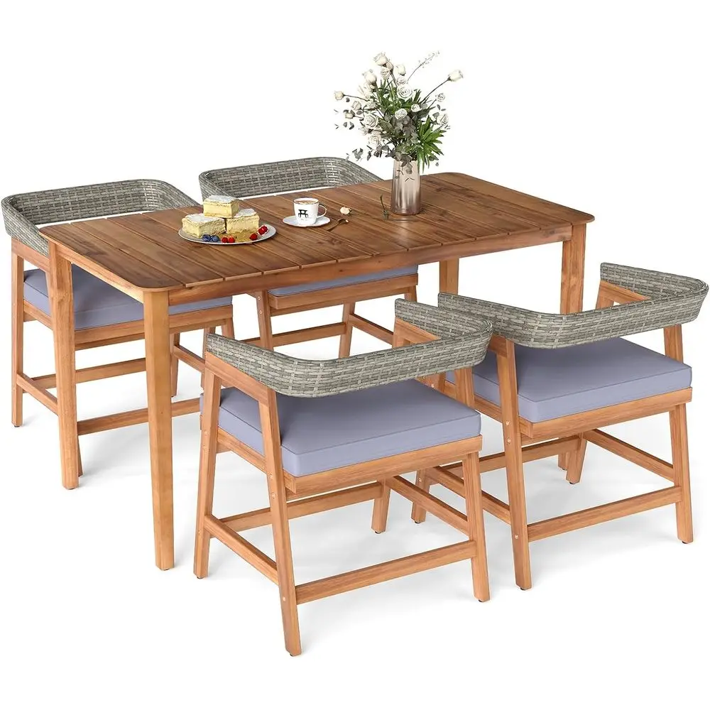 Elegant 5-Piece Outdoor Dining Set with Solid Wood Table and Cushioned Armchairs for Patio, Deck, and Poolside