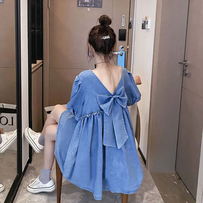 

Backless bow loose denim dress for women slimming temperament high waist small Korean style skirt summer New