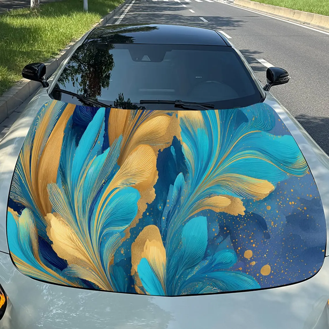 

Blue-yellow leaves Car Hood Vinyl Stickers Car Surface Protection Decal Car Decoration Cover Vinyl Wraps Waterproof Self-adhesiv