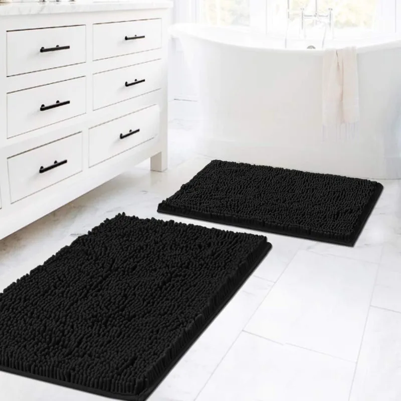 Black Bathroom Rug Set 2 Piece, Bath Mats for Bathroom Floor, Super Thick Soft Shaggy Chenille Bath Mats Machine Washable,