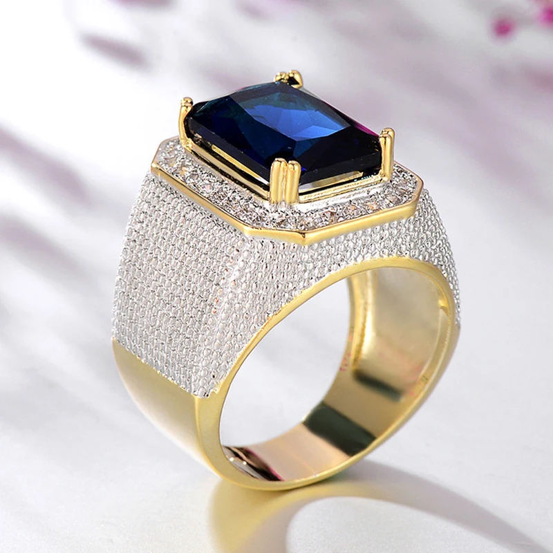 Huitan Sparkling Blue/Black Cubic Zirconia Wedding Rings Women Luxury Wide Ring Full Bling Iced Out Engagement Trendy Jewelry