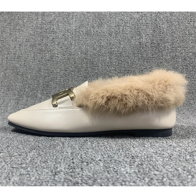 Flat Shoes women 2023 Fashion autumn and Winter Warm wear rabbit hair shoes Rabbit plush Fur Square Head Leather Shoe Girl size