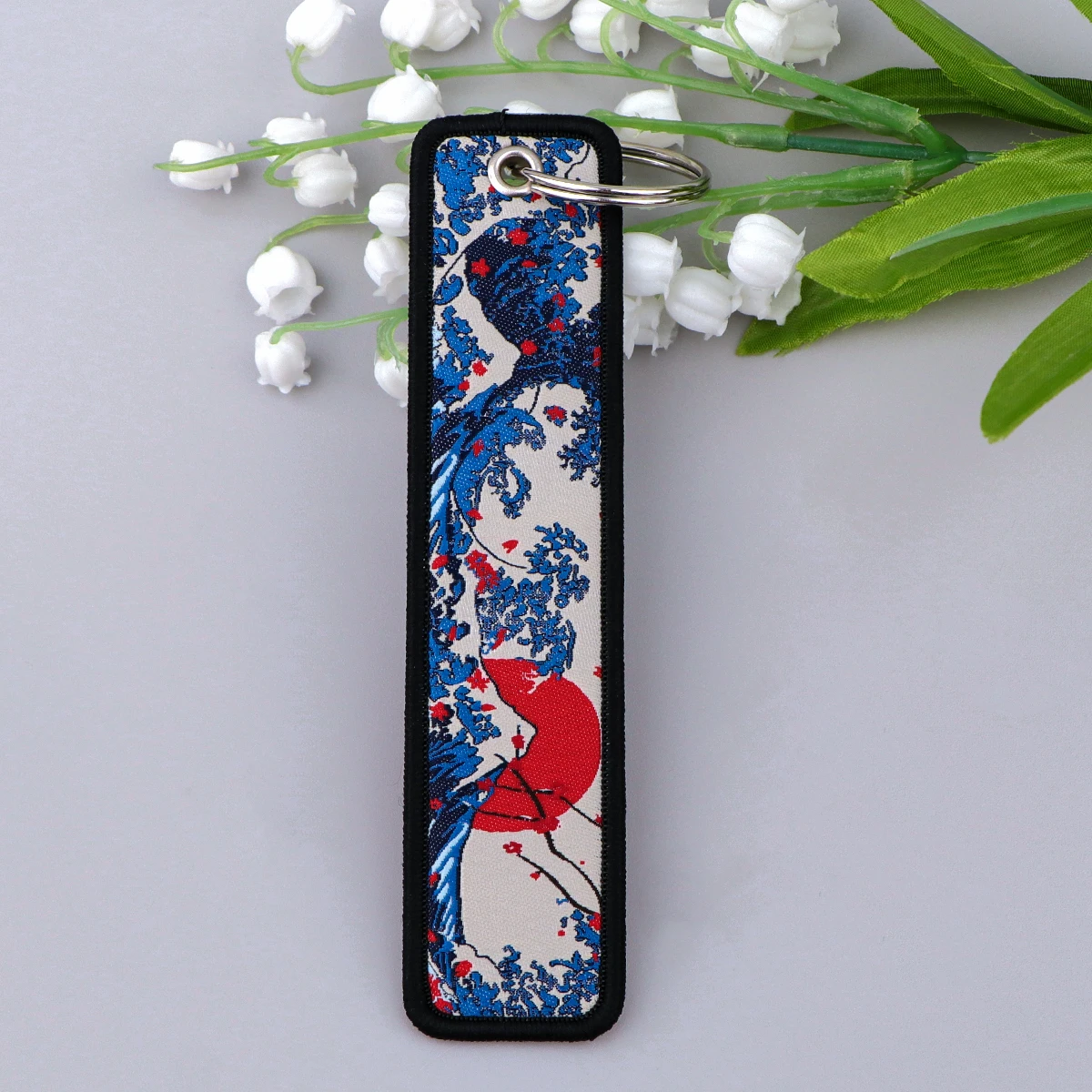 Japanese Waves Embroidery Key Fobs Art Key Tags Keychains for Motorcycles Cars Key Rings Accessories Chaveiro Key Holder Jewelry