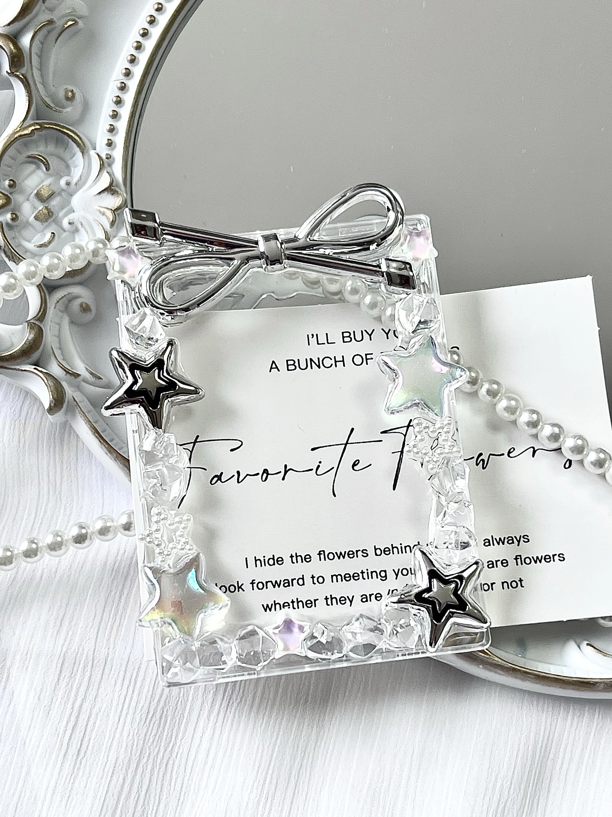 

Silver Bow Star Frame Photocard Holder,3Inch Clear Card Omi Aesthetic Display Frame for Kpop Photo Card Trading Cards Collection