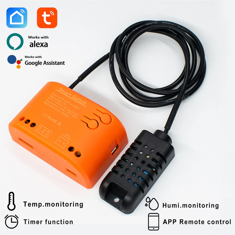 

Tuya Smart WiFI Переключатель для мониторинга температуры и влажности 12 В 24 В 220 В с датчиком TH, работает с Alexa ,Google Home
