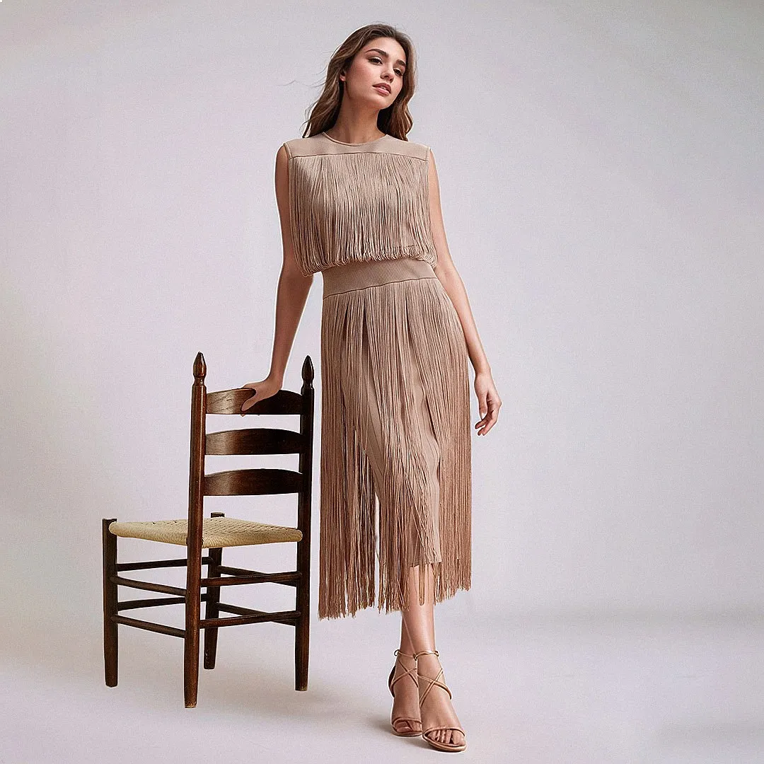 Spring Summer Women Sleeveless Dress French High Waist Slimming Fringe Bandage Midi Dresses Elegant Flowy Jumpsuit Playsuit