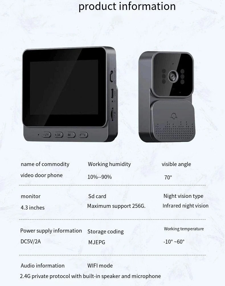 Videocitofono campanello Telecamera Inteligente Wireless con visione notturna Schermo da 4,3 pollici per appartamento di sicurezza Smart Home