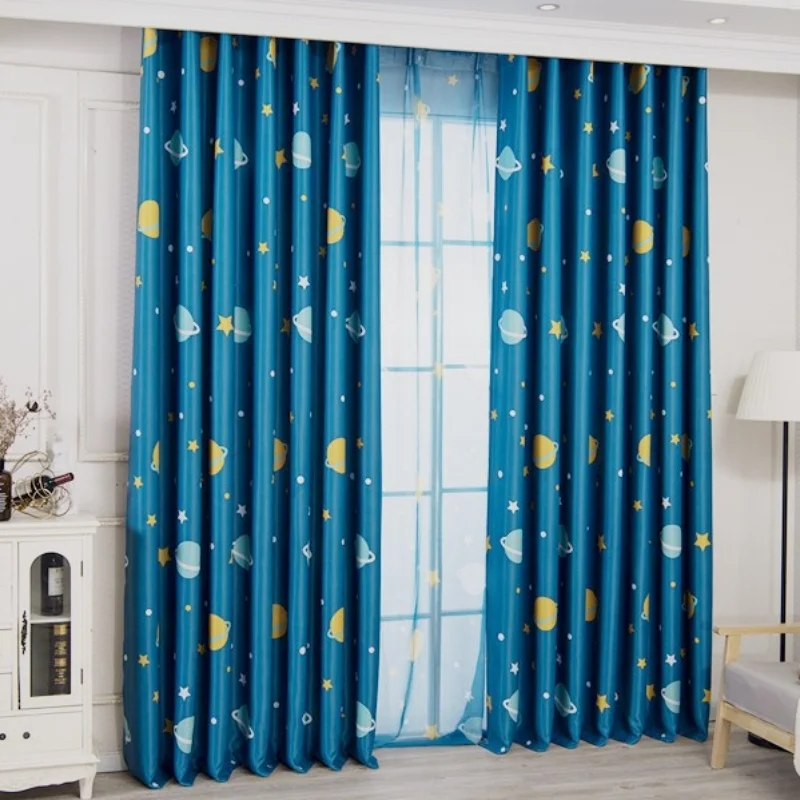1 Stück Schlafzimmer- und Wohnzimmer-Verdunkelungsvorhang, Luxuriöses Nordisches Blaues Planeten-Druckdesign, Wärmeisolierender Vorhang für Kinderzimmer