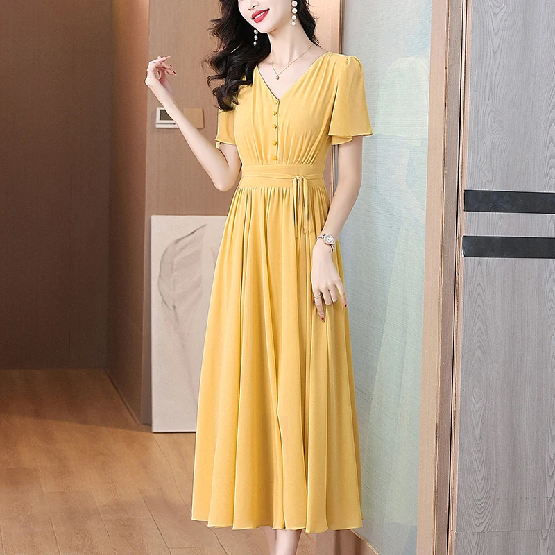 Women Beach Solid Chiffon Maxi Dress Summer Boho Fashion Elegant Chiffon Vintage Midi Vestidos 2025 Luxury Dance Party Dresses