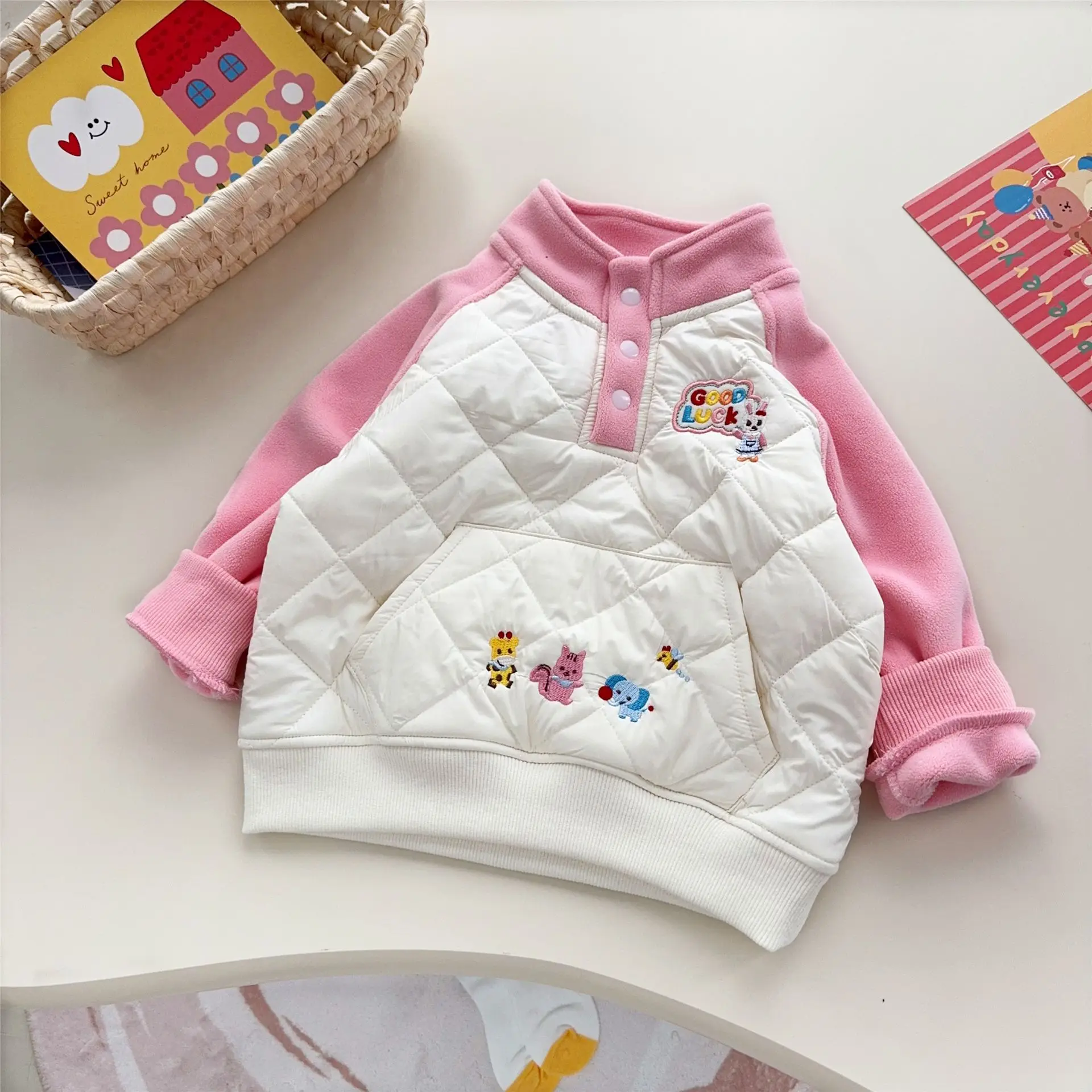 2025 شتاء ياباني جديد للأولاد والبنات حسن الحظ الوقوف طوق طبقة مزدوجة سميكة المخملية الدافئة هوديي غير رسمي معطف فضفاض