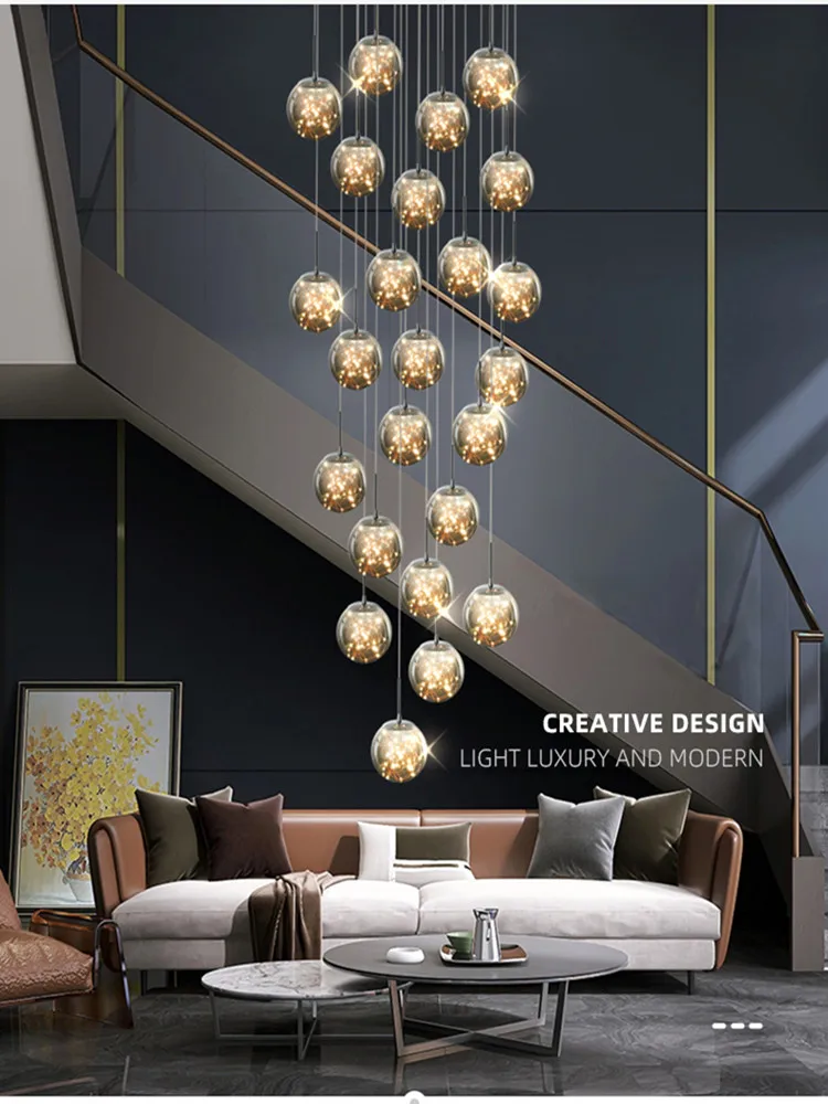 Modern Spiral Stair Chandelier Lustre Living Room Duplex Building Villa Loft Pendant Light Home Decor Glass Ball LED String Lamp