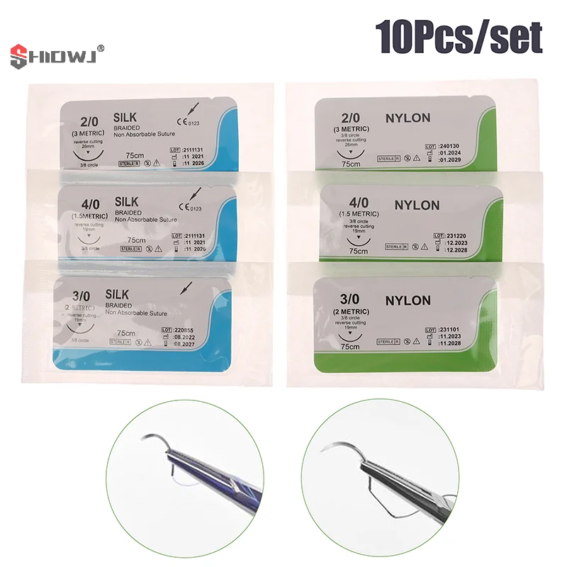 10Pcs/set 2.0/3.0/4.0 Silk Nylon Monofilament Medical Thread Needle Surgical Suture Training Thread Suture Practice Kit