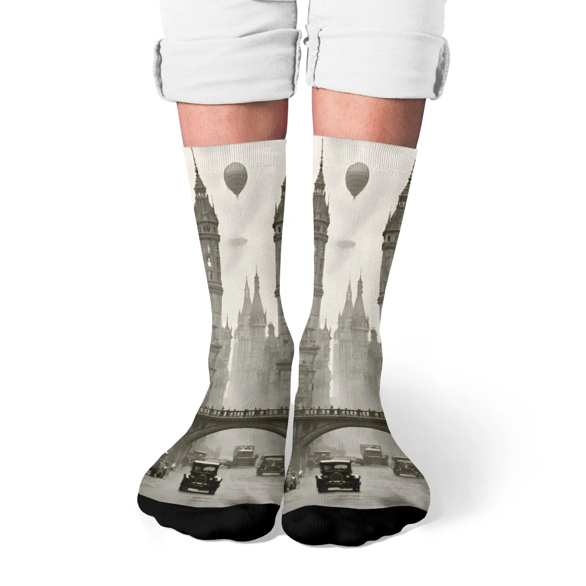 Harajuku retro preto e branco cidade nostálgica paisagem impressão meias masculinas romance tendência de rua estilo futurista meias casuais presente