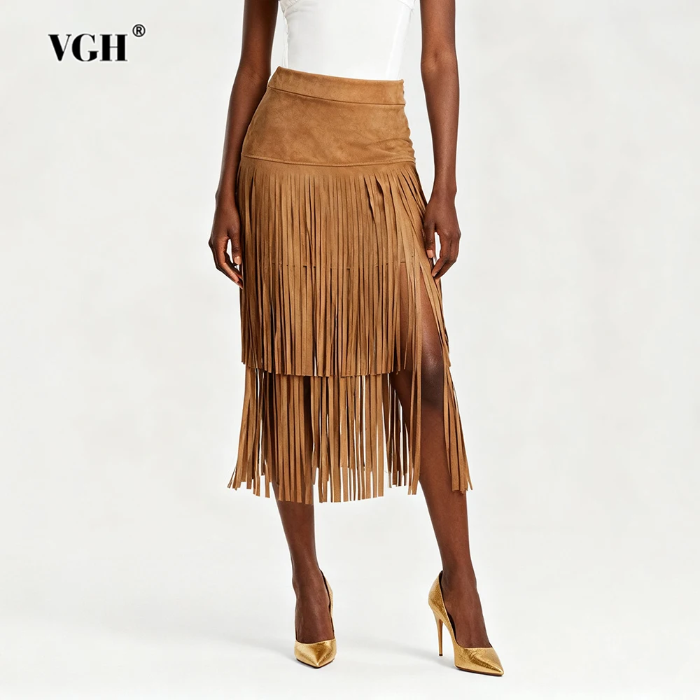 VGH Rok Panjang Gaya Denim Solid Chic dengan Rumbai untuk Wanita Pinggang Tinggi Musim Gugur Rok Pesta Temperamen Fashion Wanita Baru