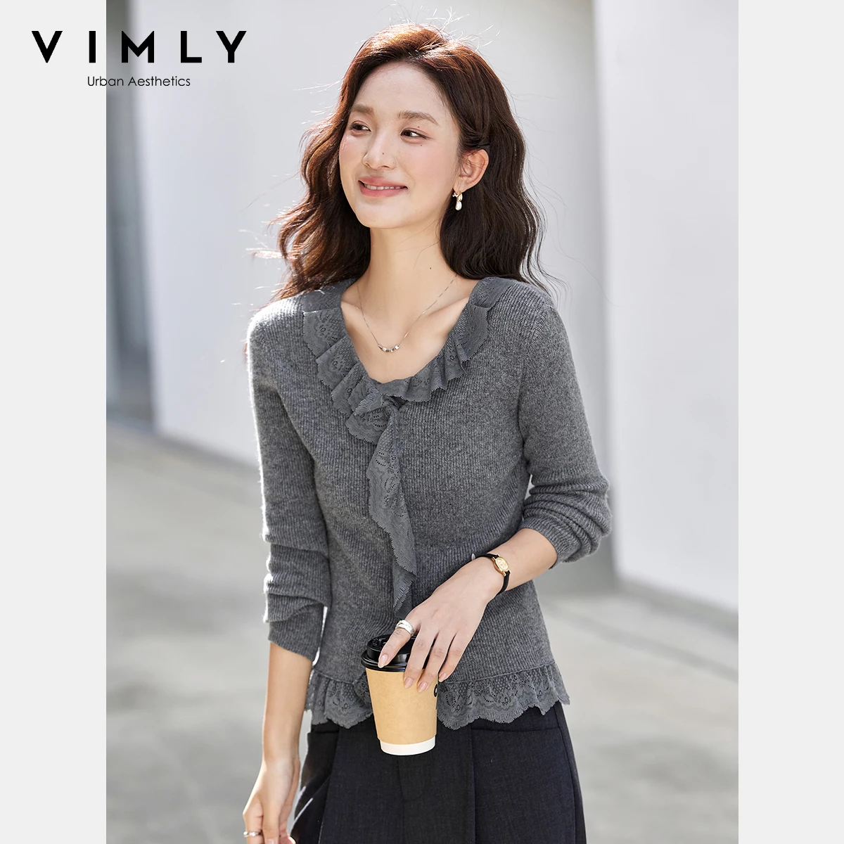 

VIMLY Grey Knitted Pullovers Ruffle Edge V-neck 2025 Autumn Spliced Jumpers for Woman Casual Long Sleeve Ladies Pullovers 75120