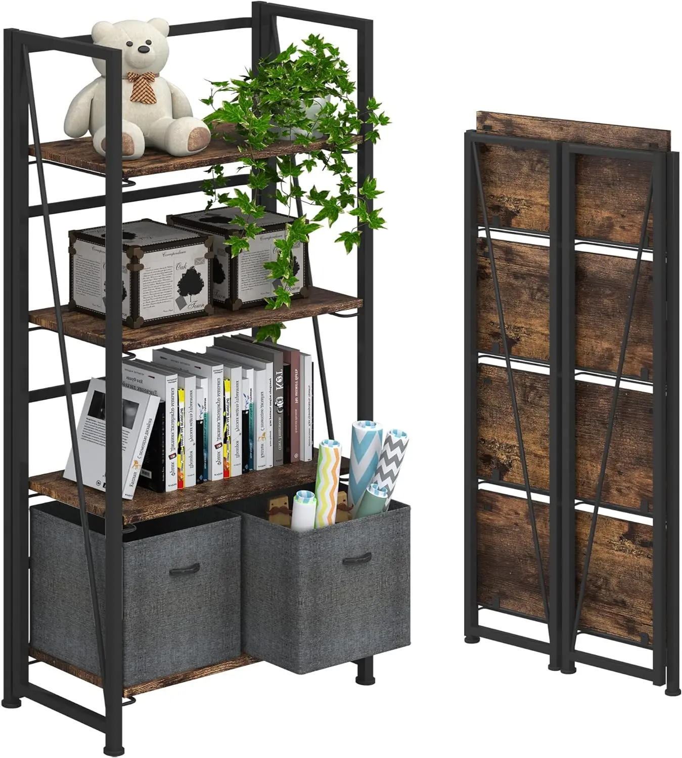 

No-Assembly Folding Bookshelf Storage Shelves 4 Tiers Vintage Bookcase Standing Racks Study Organizer Home Office