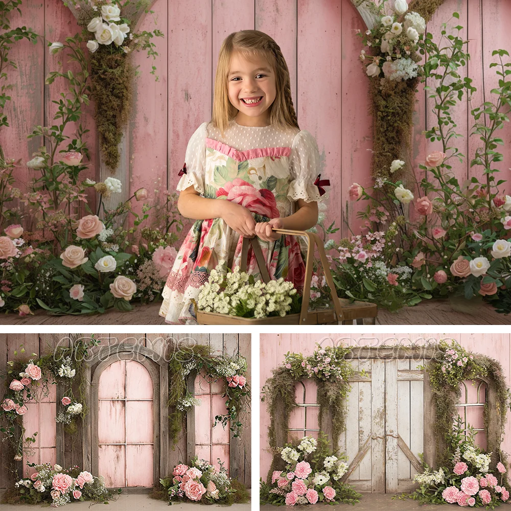 Spring Photography Backdrop Wooden Frame Rustic Floral Arrangements Pink Decor Baby Birthday Portrait Background Photo Studio