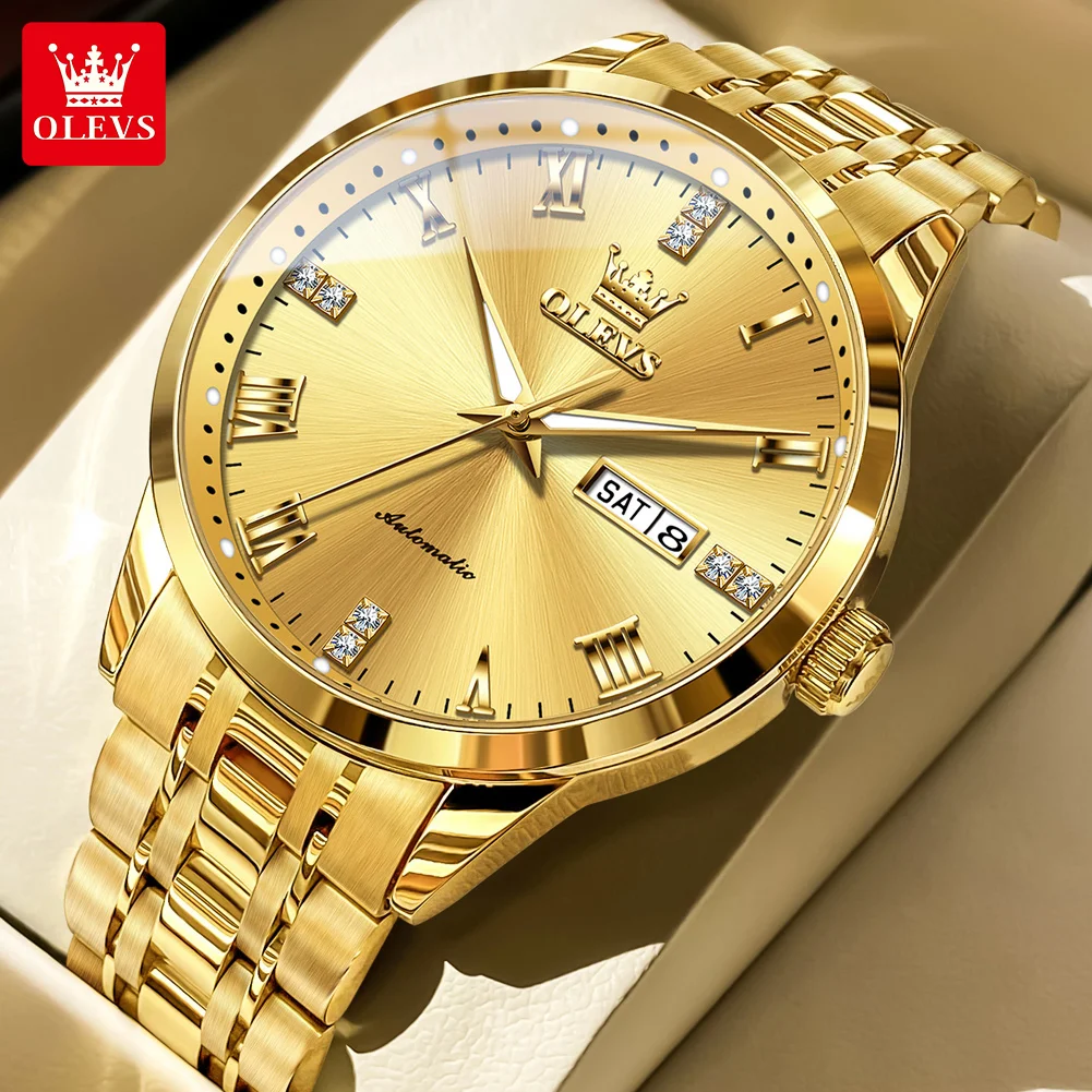 

OLEVS Business Mens Watch Fashion Automatic Mechanical Watch Stainless Steel Waterproof Luminous Week Date Luxury Gold Watches