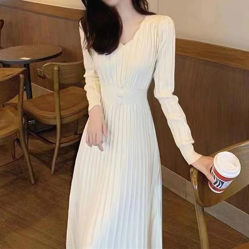 

Fashion Solid V Neck Slim Long Dresses Elegant Knitted Long Sleeved Fold Dress for Women White New Lady Commuting Robe Women