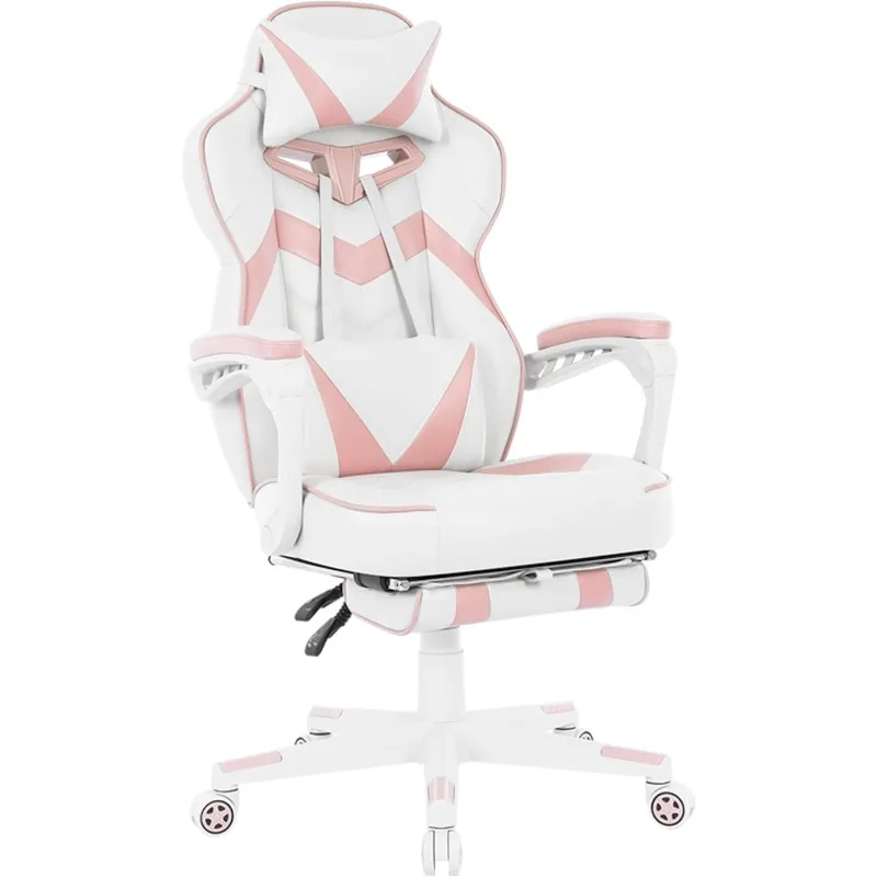 Pink Gaming Chair with Footrest,Big and Tall Gaming Chairs for Adults,Girls Computer Chair for High Back and Massage