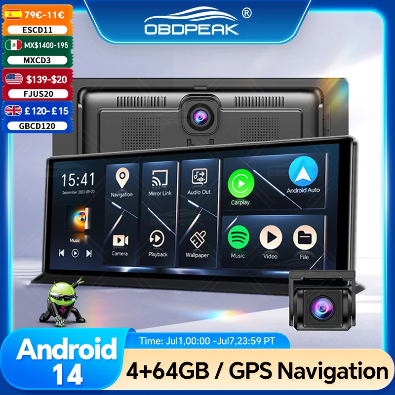 Cámara de Retroceso K60 Pro con DVR, Android 14, DashCam Inalámbrica, CarPlay, Android Auto, Doble Lente, Grabación de Video 1080P, Navegación GPS, WIFI, Cámara de Reversa