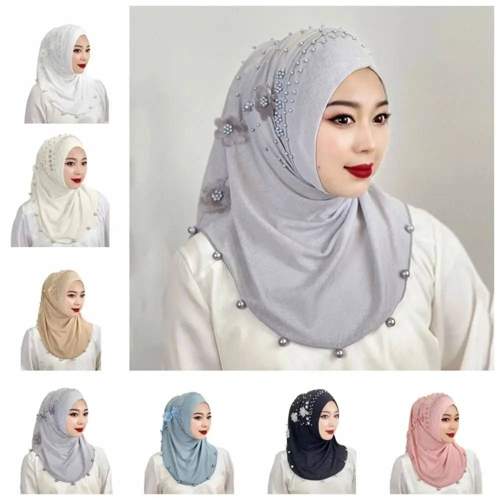 Elegant Top Knot Ramadan Hijab Solid Color One-Piece Islamic Headscarf Breathable Pull On Head Wrap Cap