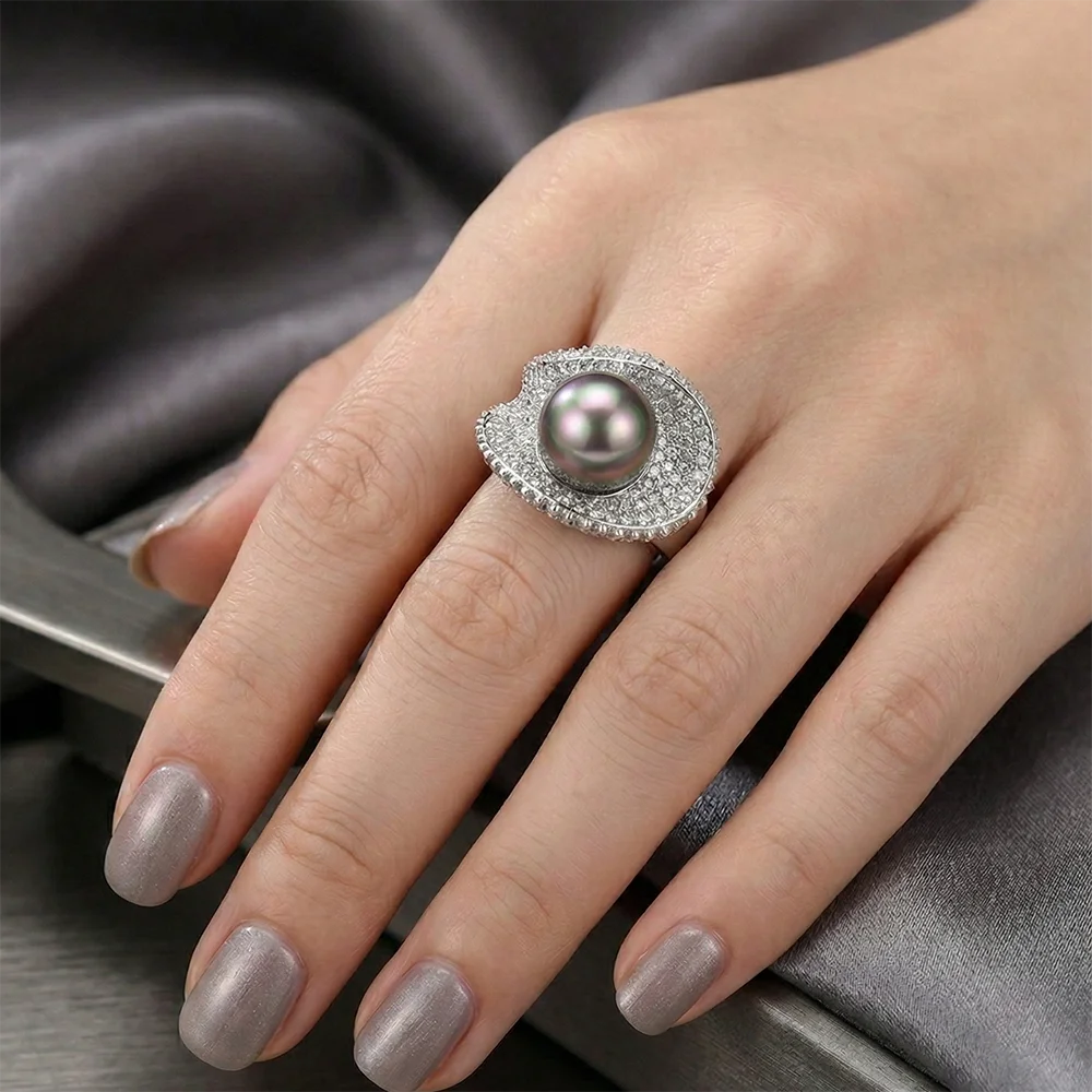 

YLMyself 12mm Simulated Grey Pearl Leaf Ring Pave Shiny CZ Women's Elegant Fashion Jewelry Gift