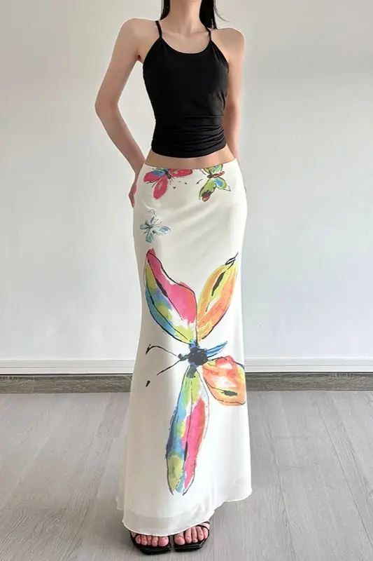 

Gagaok woman skirt hand-painted butterfly print double layer skirts ins low waist slimming fish tail fashion vintage clothes