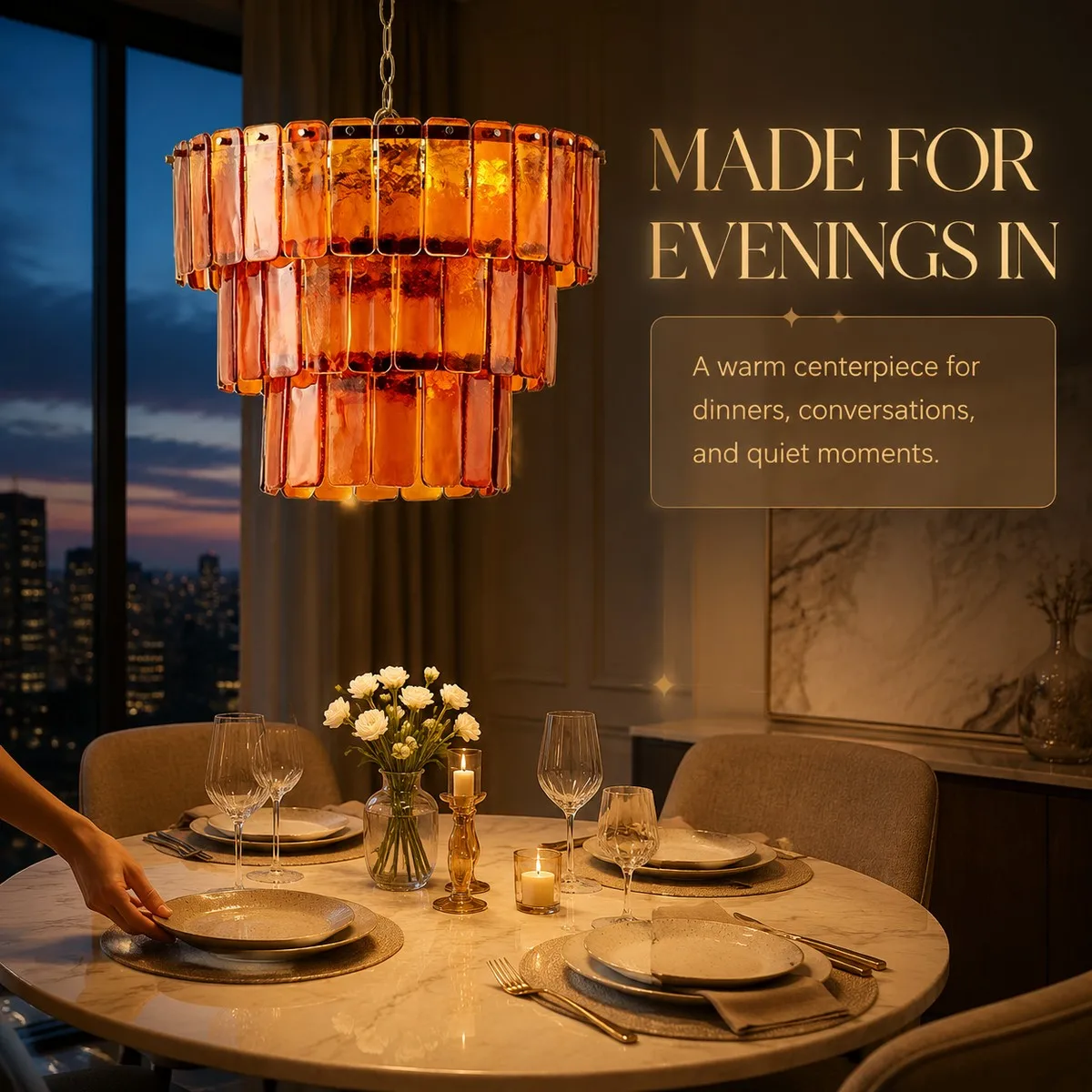 Retro Murano 2026 Latest Chandelier Amber Glass Slats Triple Tier Structure Adjustable Chain Warm Amber Gold For Luxury Salon
