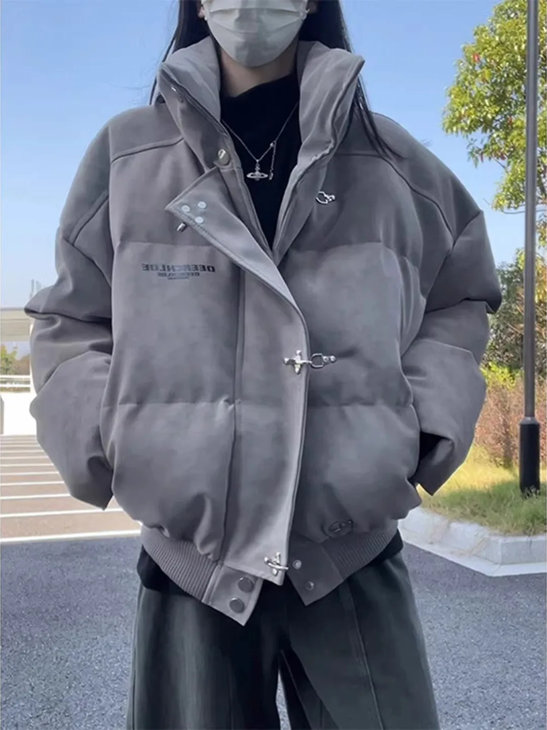 

ey Dyed PU Leather down Cotton Jaet Men's ort Winter Aircrt Bule Stand Collar American Bread Coat Women's Outerwear