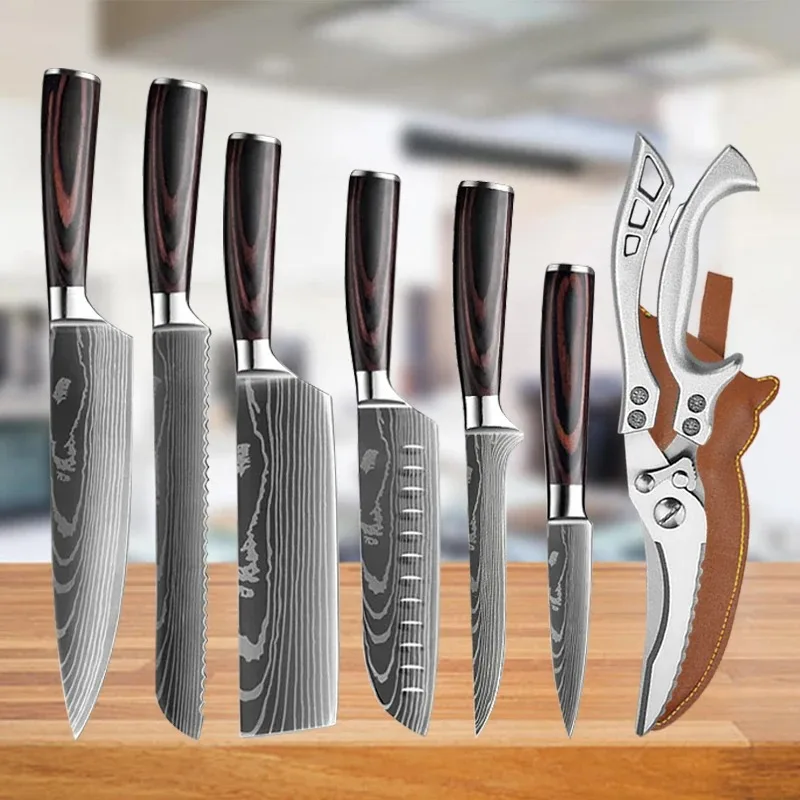 

7CR17 High Carbon Stainless Steel Meat Cleaver Laser Damascus Pattern Kitchen Chef Knife Kitchen Scissors Chicken Bone Scissors