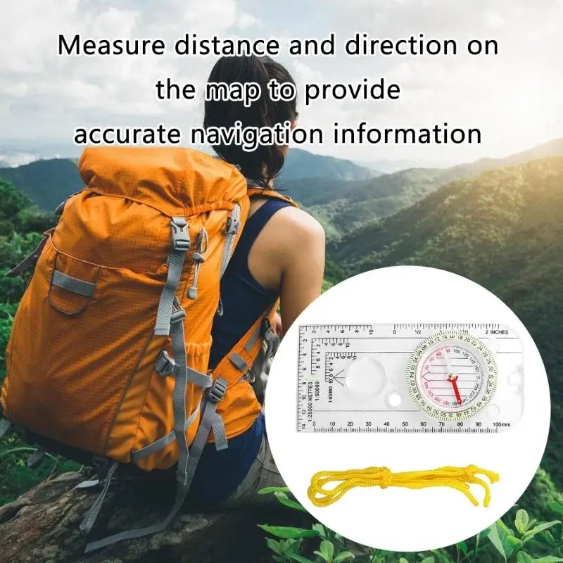 57QF Navigation Magnifying Tool with Lanyard Compasses Map Scale Ruler Multifunctional Equipment Magnifying Glass for Camping