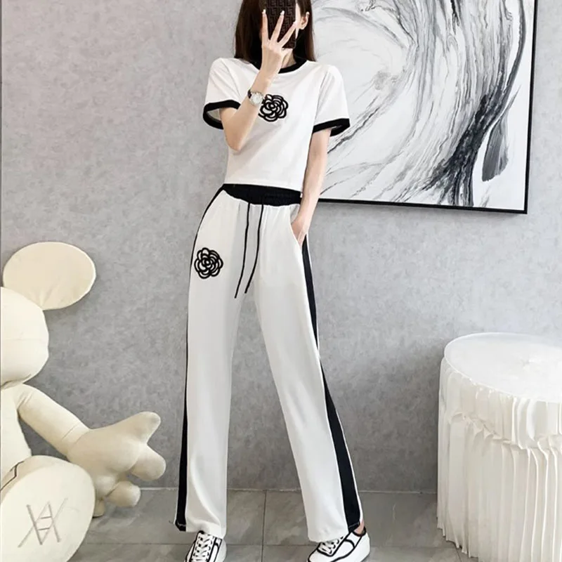 Women Casual Tracksuit Short Sleeve T-shirts+Wide Leg Pants 2Pcs Sets Chic Streetwear Loose 2024 Summer Ladies Fashion Outfits